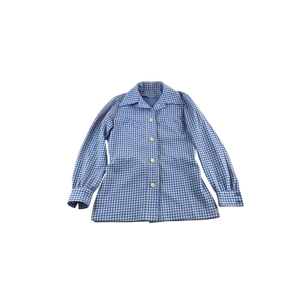 Blue Gingham Blouse Handmade Vintage Polyester Knit Button Up Top Check S/M